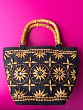 Vintage Talbots Wood Beaded Bamboo Handle Tote Bag Purse Boho Whimsigoth Vtg 90s